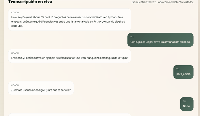Una versión inicial, el sistema va mostrando la conversación en formato chat a medida que uno y el modelo van hablando.